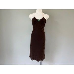 1950s vs 1990s Vintage Style Brown MidCentury Modern Jeweled Neckline Silk Dress